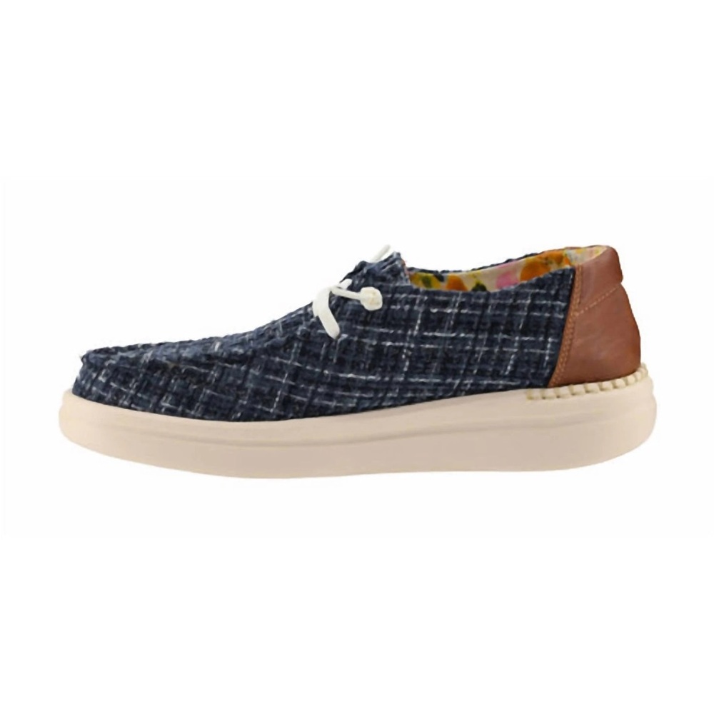 Corkys kayak 2 navy blue tweed metallic thread brown leather heel deck shoes 10